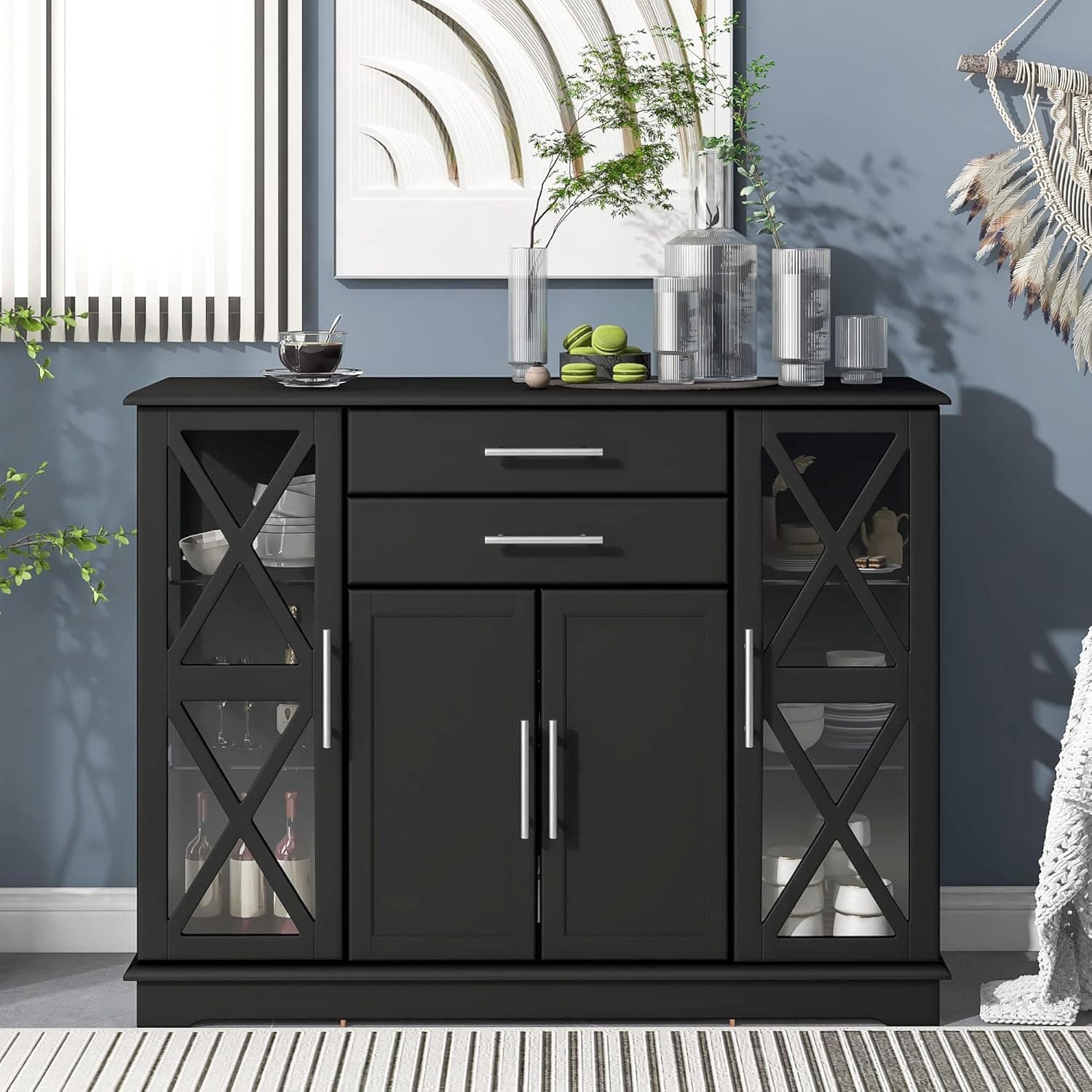 Quarte Modern Console Table, Wood Buffet Sideboard with Tempered Glass/Adjustable Shelves/Two Drawers, Storage Cabinet for Bedroom, Living Room, Bathroom, Kitchen (Black+M)