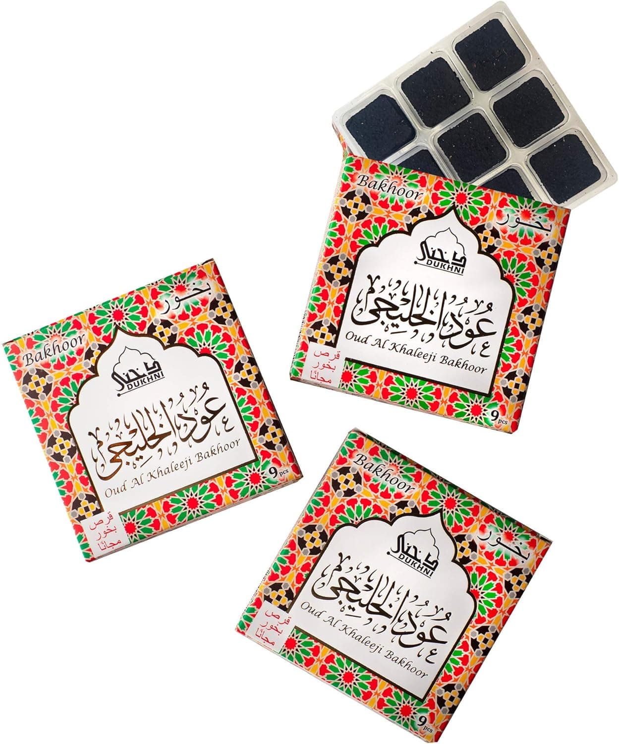Oud Al Khaleeji Bakhoor عود الخليج بخور by Dukhni | 3 Boxes x 9 Piece Each | Arabic Bakhoor Incense | Deep Oud Blend | Perfect for Prayer Time | to Relax & Meditate | Handmade Traditional Recipe