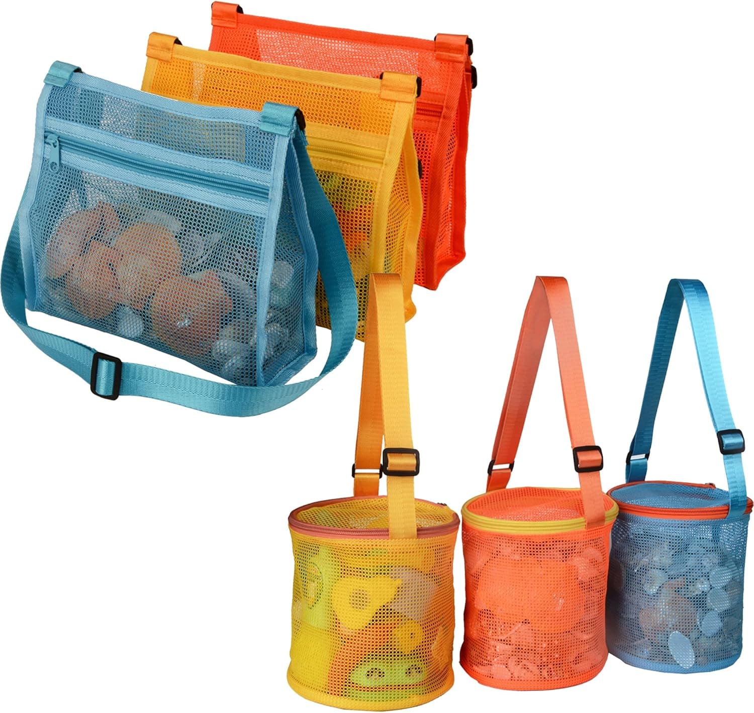 MUYIZI Beach Mesh Bag Beach Shell Bags for Holding Beach Shell,Toys (Blue&Yellow&Orange 6pack) Shell Collecting Bags for Kids Shell bag for Picking Up Shells