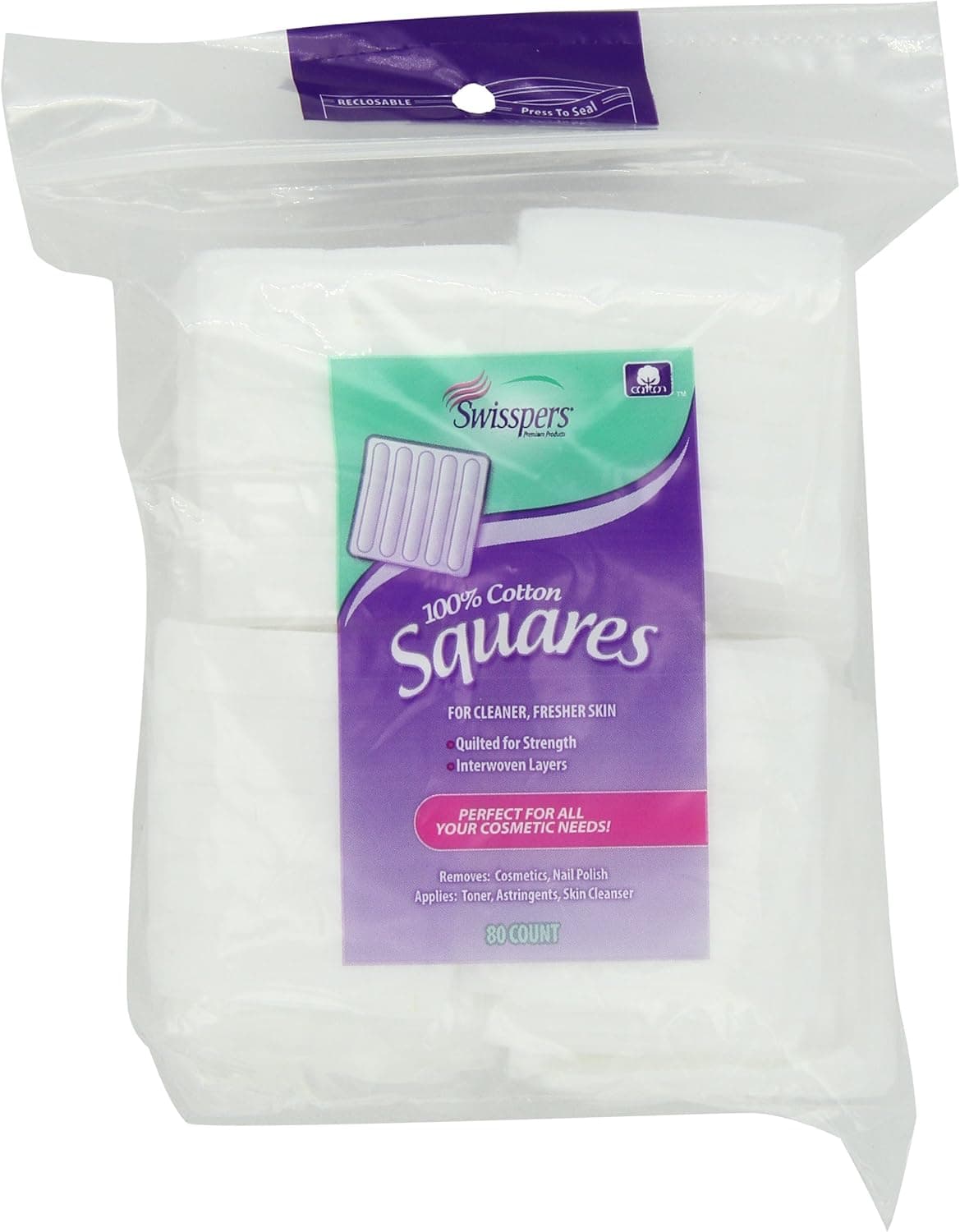 Swisspers Cotton Squares, 100% Cotton Quilted for Strength, Reclosable Pouch, 80 Count Bag