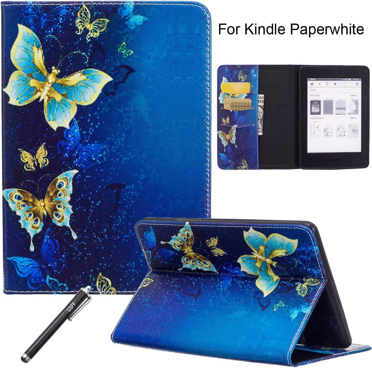 Newshine Kindle Paperwhite Case, Auto Wake/Sleep Flip Synthetic Leather Cover for Amazon Kindle Paperwhite E-Reader 6" (Fits 2012, 2013, 2015 and 2016 Versions) with Card Slots - Gold Butterfly