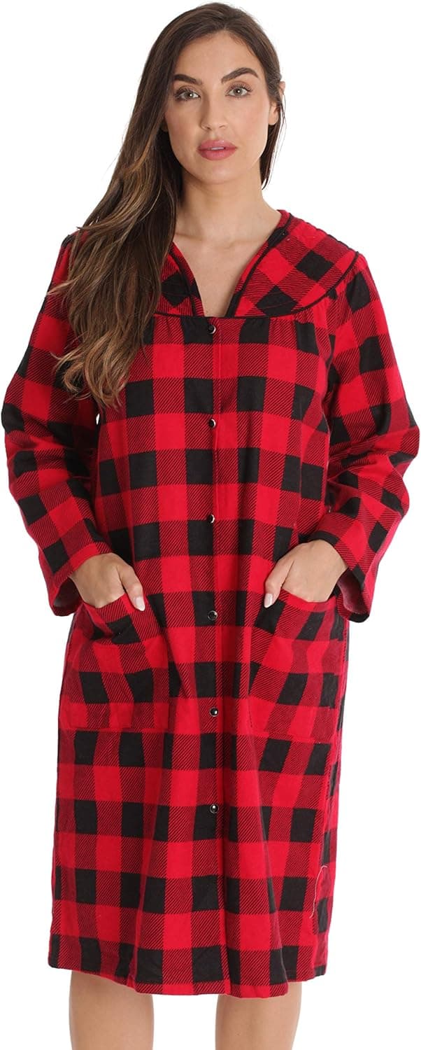 Dreamcrest Women’s Snap-Front House Coat Flannel Duster Robe with Pockets