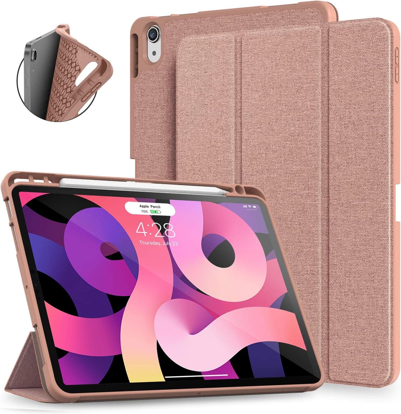Supveco iPad Air 5th/4th Generation Case 2022/2020, iPad 10.9 Inch Cover with Pencil Holder, [Support 2nd Apple Pencil Charging+Touch ID] Trifold Stand Case with Soft TPU Back, Rose Gold