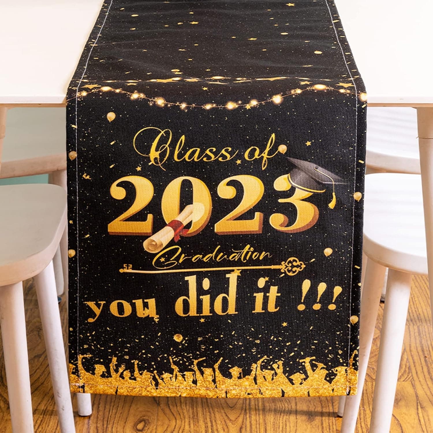 Graduation Table Runner, Congrats to You Diploma Cap 2023 Graduation Holiday Kitchen Dining Table Burlap Decoration for Home Party Decor 13 x 72 Inch(Black & Gold)