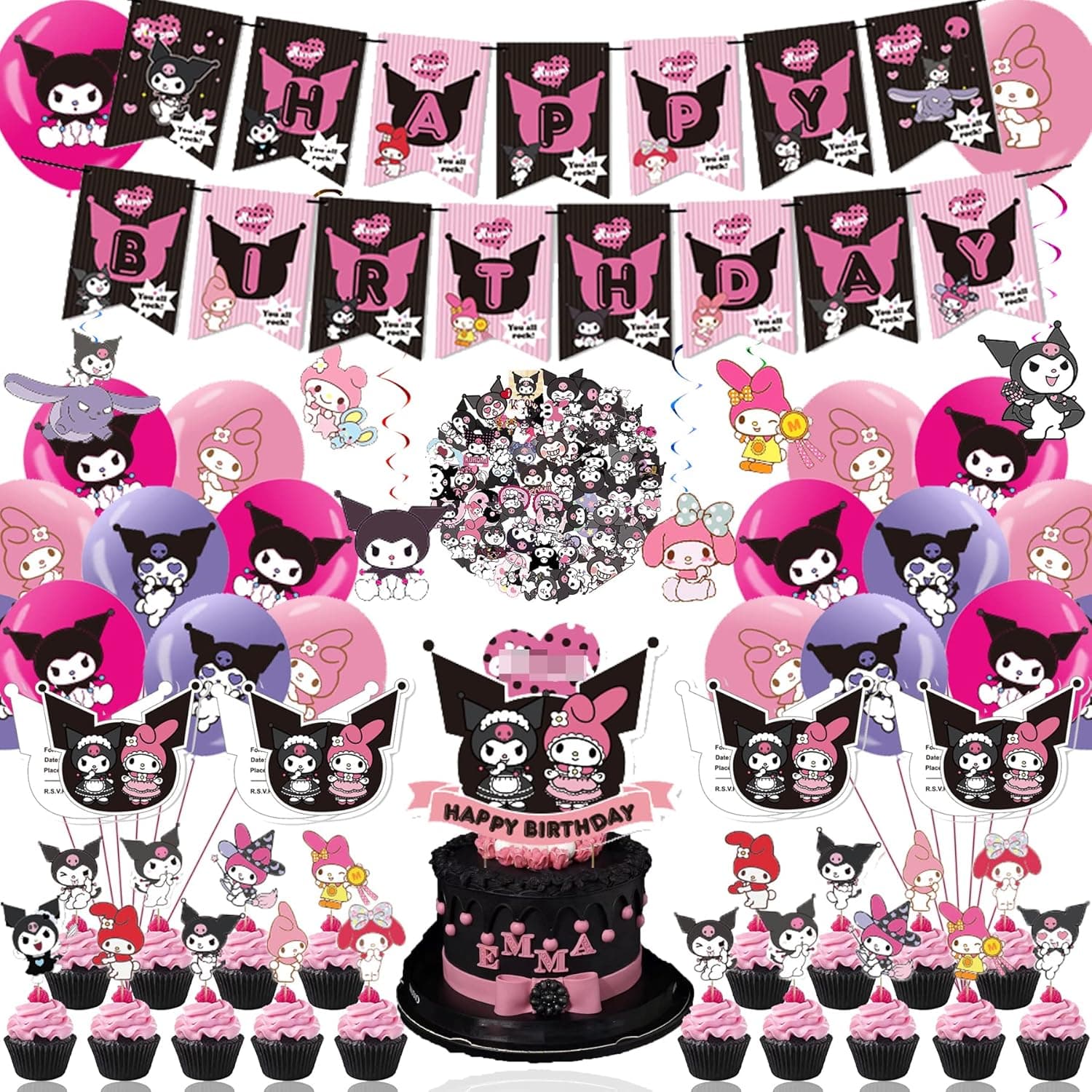 Anime Theme Birthday Party Decorations, 126Pcs Kawaii Cartoon Party Supplies for Girls Boys Includes Banner - Cake Topper - Cupcake Toppers - Balloons - Stickers - Invitation Cards - Hanging Swirls