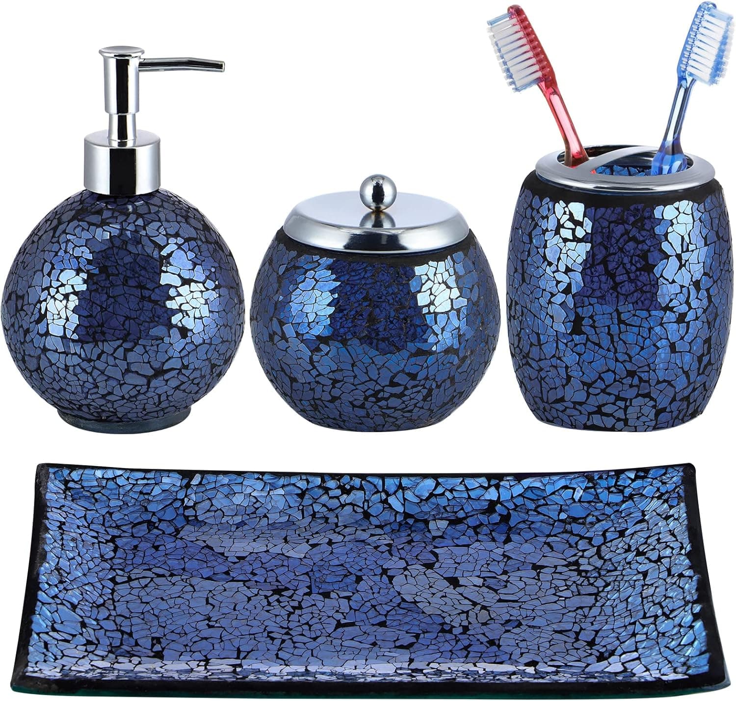 Sanbege 4 Pcs Mosaic Glass Bathroom Accessories Set, Modern Luxury Bath Ensemble, Includes Soap Dispenser, Cotton Swab Jar, Toothbrush Holder, Vanity Tray (Shiny Blue)