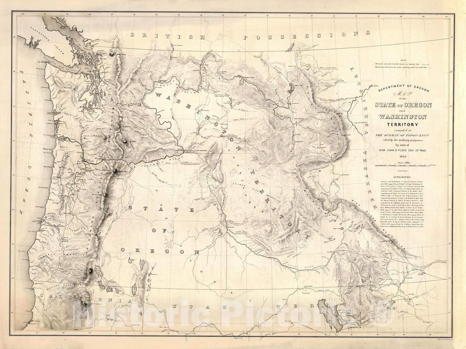 Historic Map - Department of Oregon. Map of The State of Oregon and Washington Territory, 1859 - Vintage Wall Art - 24in x 18in