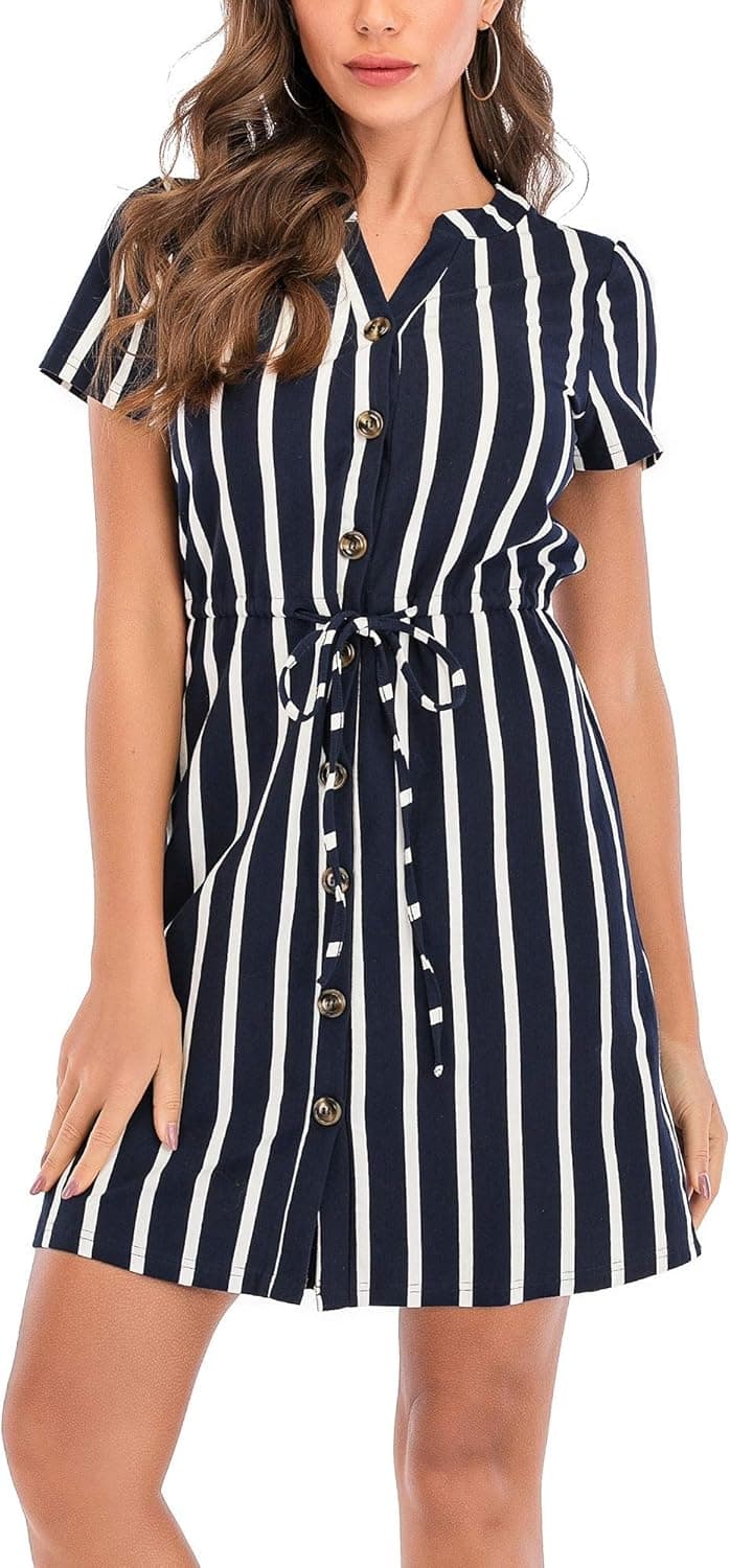 OEUVRE Women's Striped Button Down Tie Waist Mini Short Sleeve V Neck Dresses