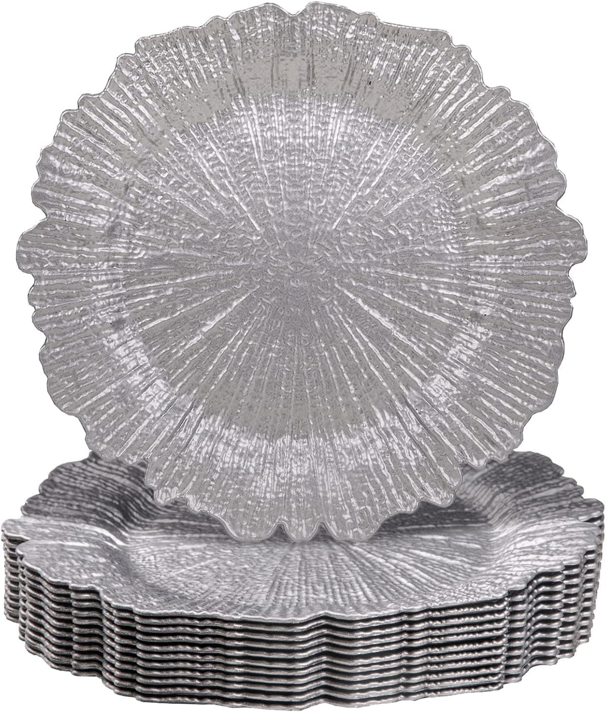 MAONAME Silver Charger Plates Set of 12, Reef Plate Chargers for Dinner Plates, Plastic Decorative Plates for Table Setting