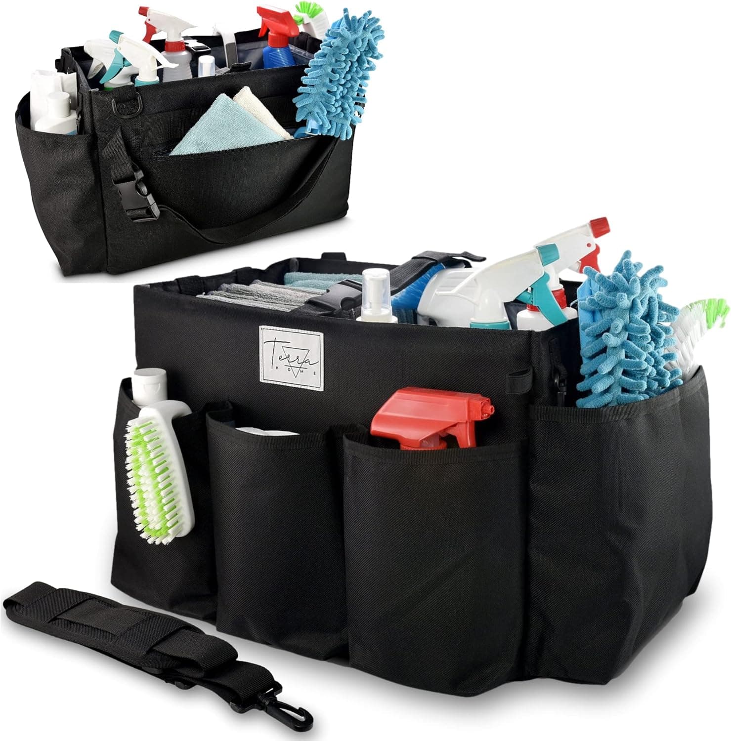 Professional Cleaning Caddy Organizer with Handle XL, Shoulder and Waist Straps - Cleaning Supplies Organizer - Cleaning Supply Caddy - Lots of Spacious Pockets for Cloths, Supplies (Black)