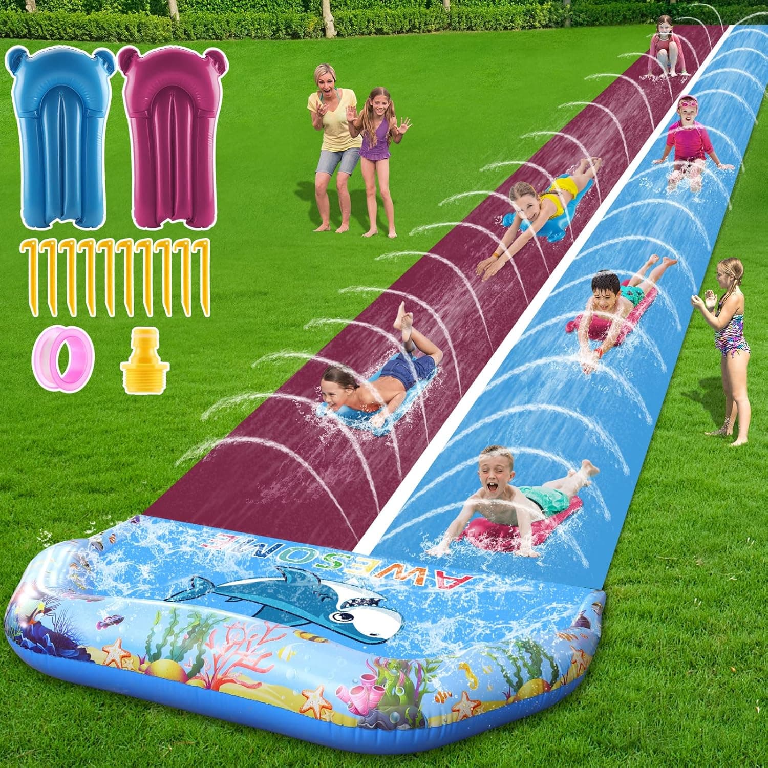 VEEST 32.8FT Extra Long Water Slide for Kids Adults-Giant Double Lawn Water Slip with 2 Bodyboards, Summer Water Slide Toys with Crash Pad for Backyard Outdoor, 32.8ft x 6ft