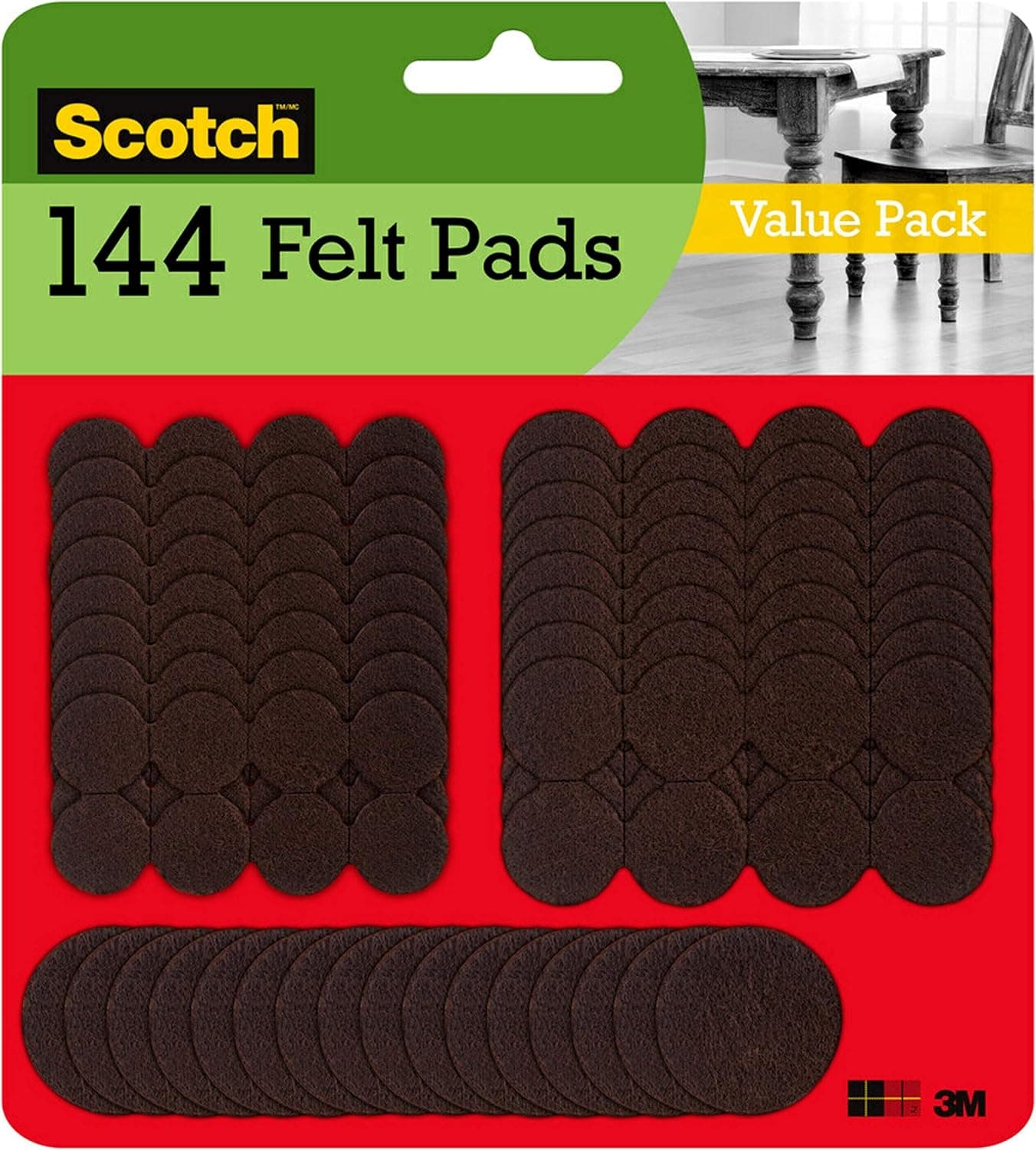 Scotch Felt Pads Value Pack, Round, Brown, Assorted Sizes, 36 Pads/Pack, 4-Packs (144 Total)