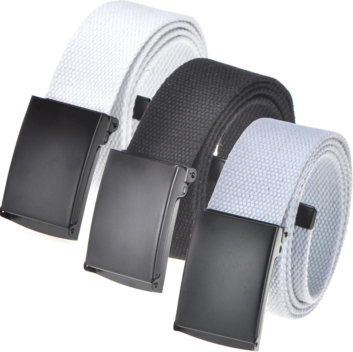 Men's Casual Outdoor Belt 16 colors, Canvas Web belt Waist Flip-Top Solid Black Buckle Up to 56" (3 Pack, Black/Natural/Grey)