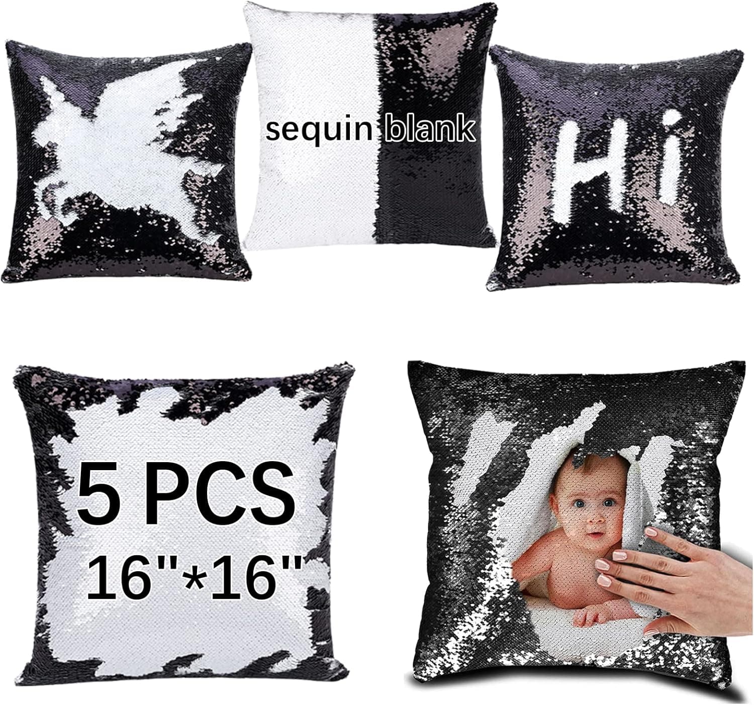 Sublimation Sequin Pillow Case Blanks 16''x16'' Flip Reversible Mermaid Decorative Personalized Cushion Throw Pillow Covers for Kids (Black Pillow case x 5piece)