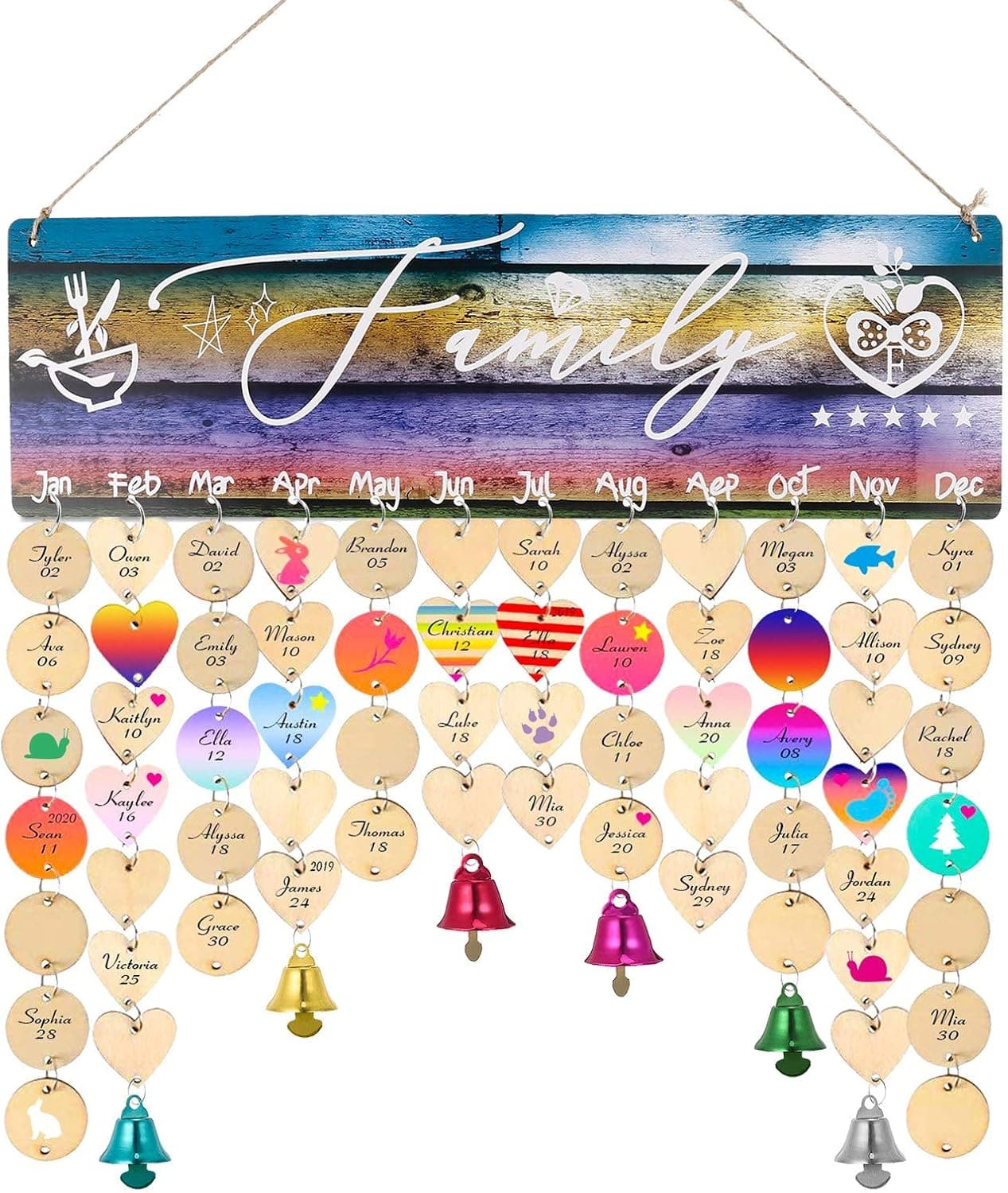 FANKUTOYS Family Birthday Reminder Calendar Board Wall Hanging, Wooden Unfinished DIY Birthday Tracker Plaque Board with 100 Pcs Round Heart Tags for Classroom Office Home Decorative