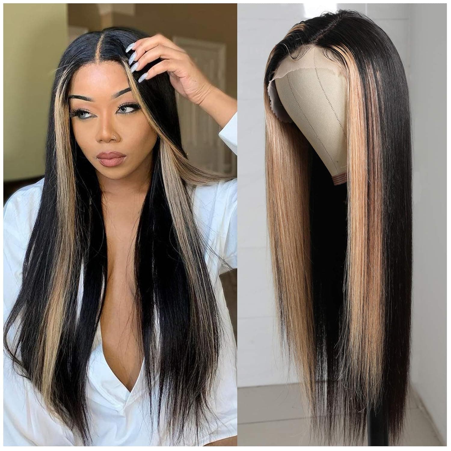 UNICE Blonde Highlight Three Part Lace Front Wig Straight Human Hair Deep Parting for Black Women,Brazilian Remy Hair Lace Part Wig Pre-Plucked with Baby Hair Natural Hairline TL27 Color 22Inch