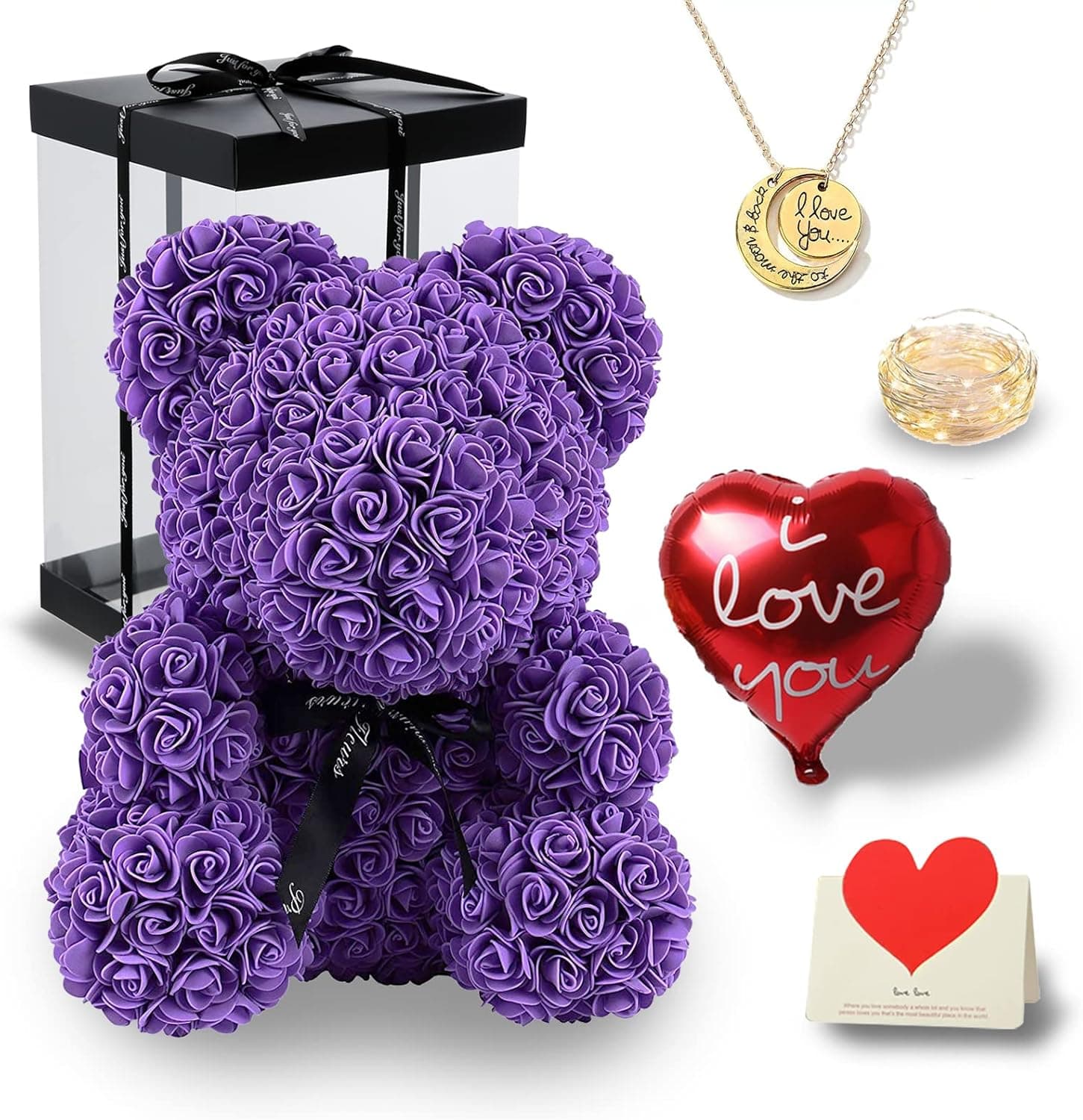 DUOSME Rose Bear 12 inch Flower Bear Rose Teddy Bear with Box Lights Necklace Balloon Card, Cute for Mom Wife Girlfriend Daughter & Romantic Birthday Anniversary Wedding Decor, Purple