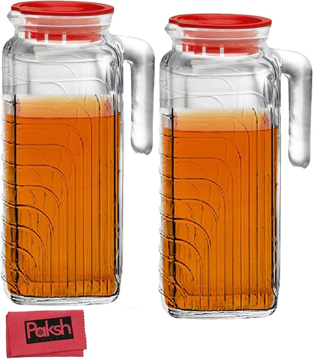 Paksh Novelty 2 Glass Pitcher with White Lid, Spout and Cloth, 41-Ounce