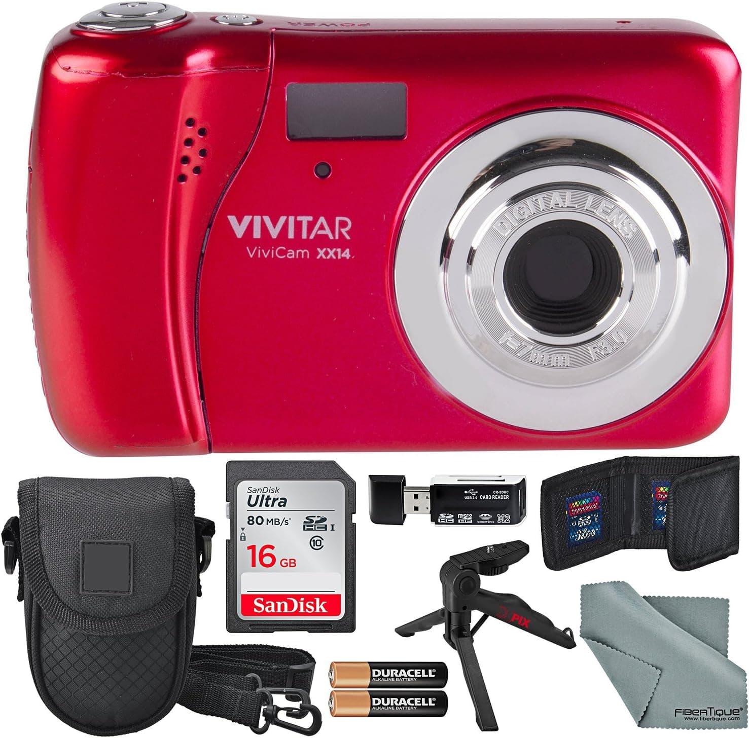 Vivitar ViviCam XX14 Digital Camera (Red) and Accessory Bundle W/ 16GB + Card Reader + Case + Xpix Tripod + Fiberitque Cleaning Cloth + Batteries + Memory Card Wallet