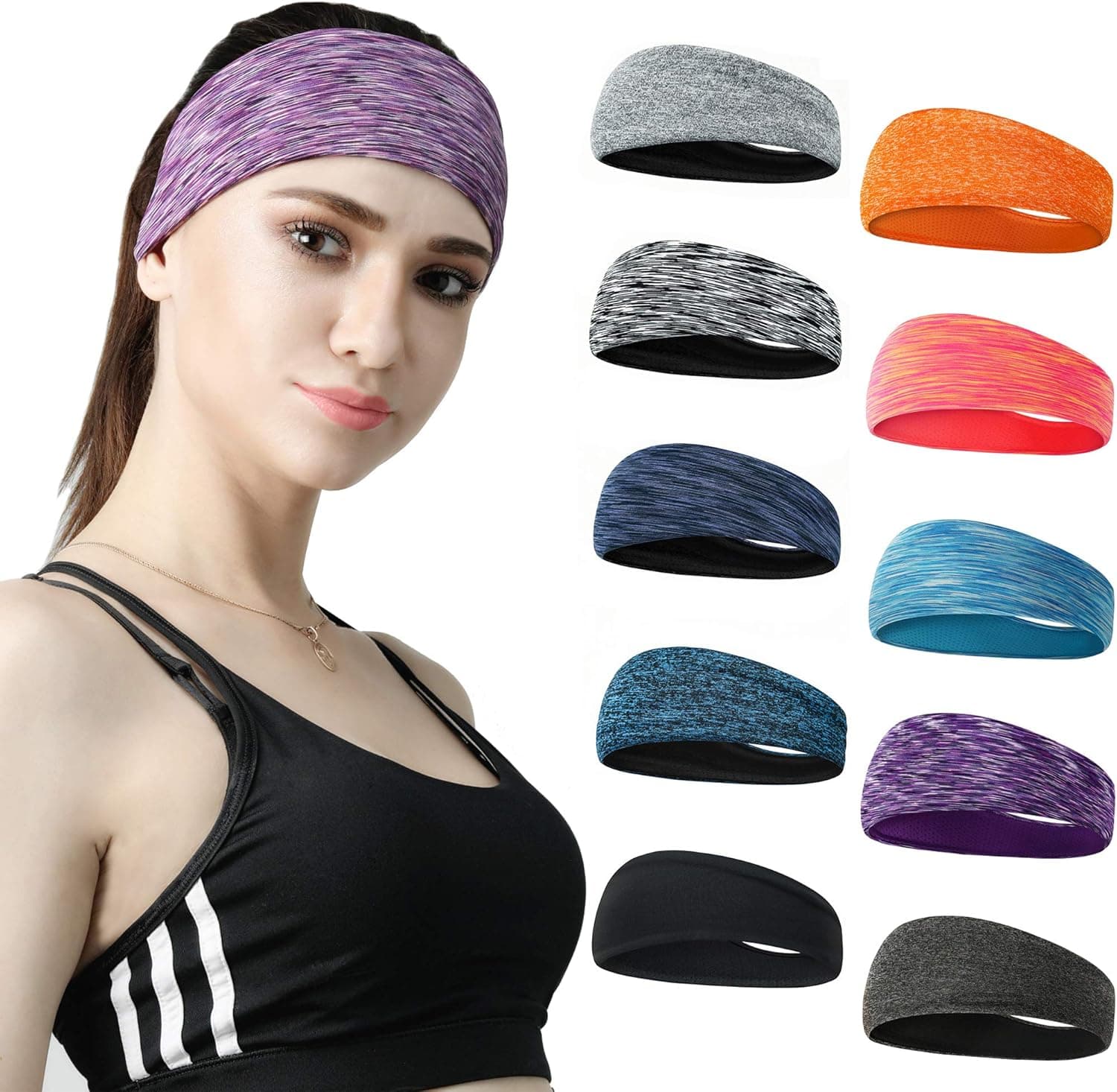 DASUTA Set of 10 Women's Yoga Sport Athletic Headband For Running Sports Travel Fitness Elastic Wicking Workout Non Slip Lightweight Multi Headbands Headscarf fits All Men & Women (Style 2 - 10 Color)