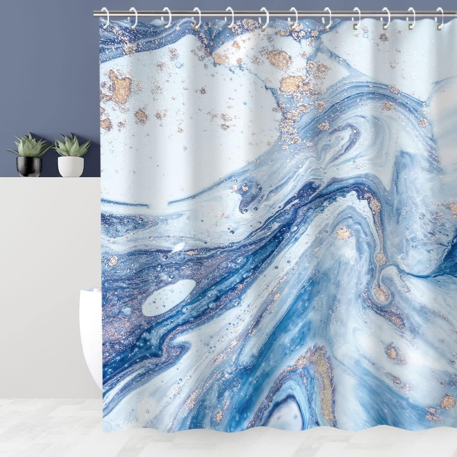 Hispace Blue Shower Curtain, Marble Shower Curtain, Abstract Shower Curtain Set with 12 Hooks, Blue Marble Bathroom Decor, 72"x72"