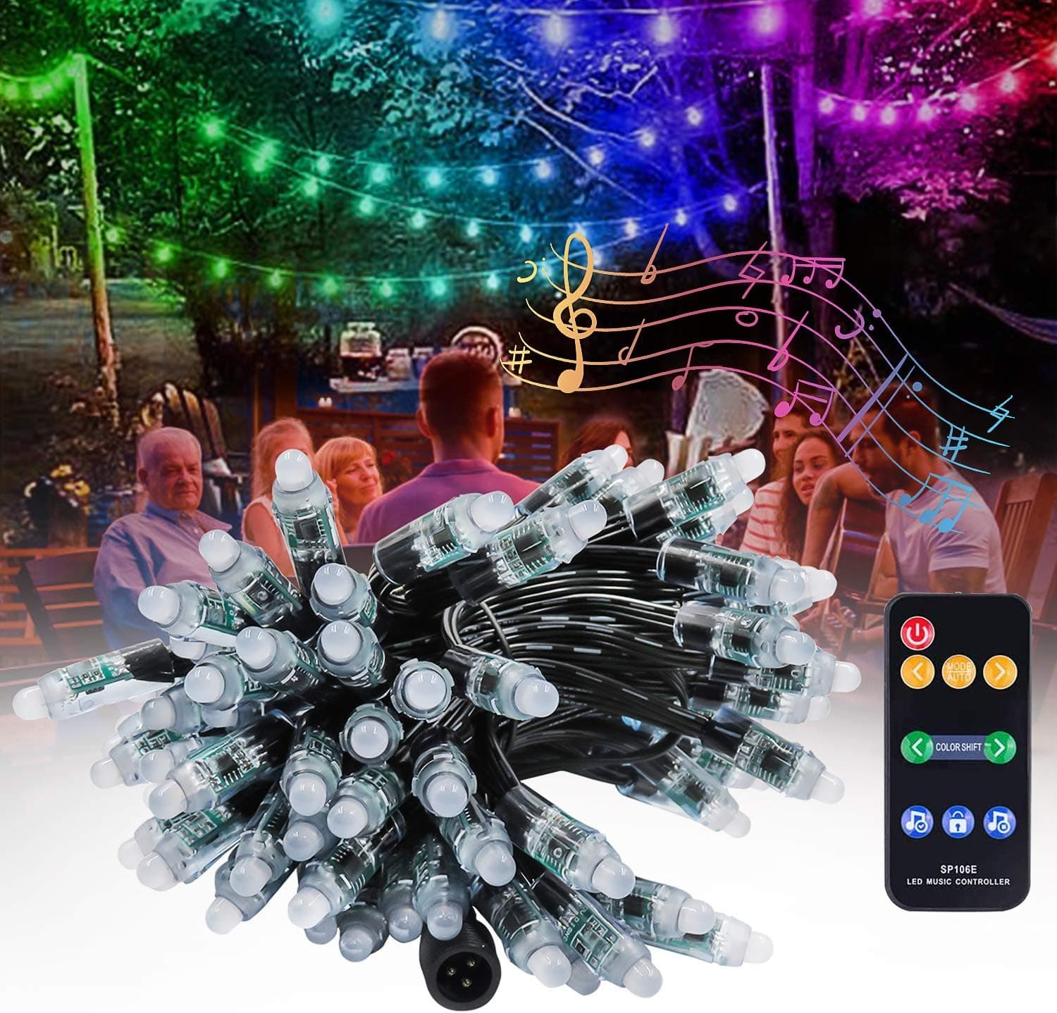 Alling Outdoor String Lights 100LED with Music Sync,Dream Color Christmas Lights,Waterproof Color Changing LED String Lights for Patio Garden Wedding Party