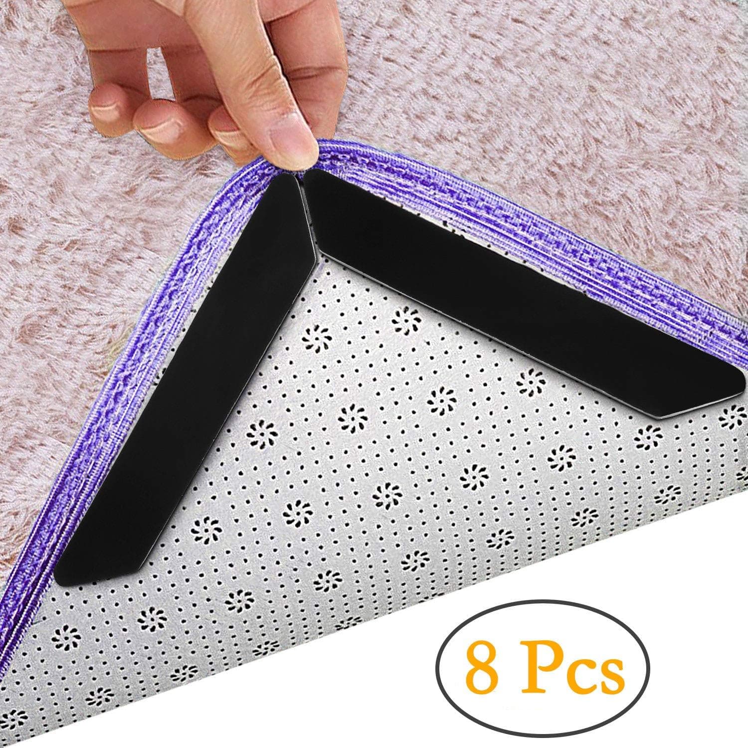SANTIAOTUI Rug Grippers Black Curling Keeps Corners and Edges Flat-Anti Slip Carpet Reusable-Ideal Pad, 8Pack