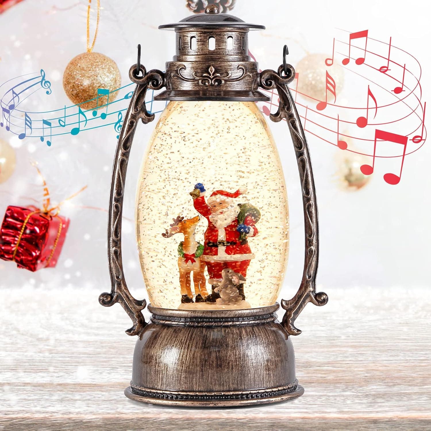 Joyriver Christmas Snow Globe Lantern, 13" Santa Reindeer Retro Musical Christmas Snow Globes, USB or 3AA Battery Powered with 6H Timer Lighted Glittering Lantern Home Decor and Gift, Bronze