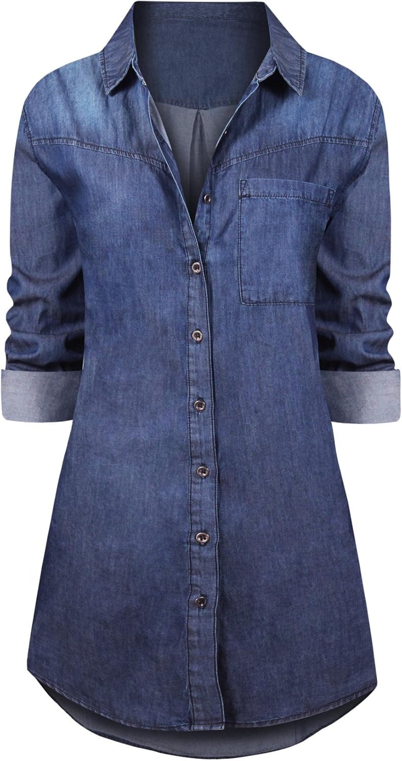 Women's Button Down Roll Up Sleeve Classic Denim Shirt Tops