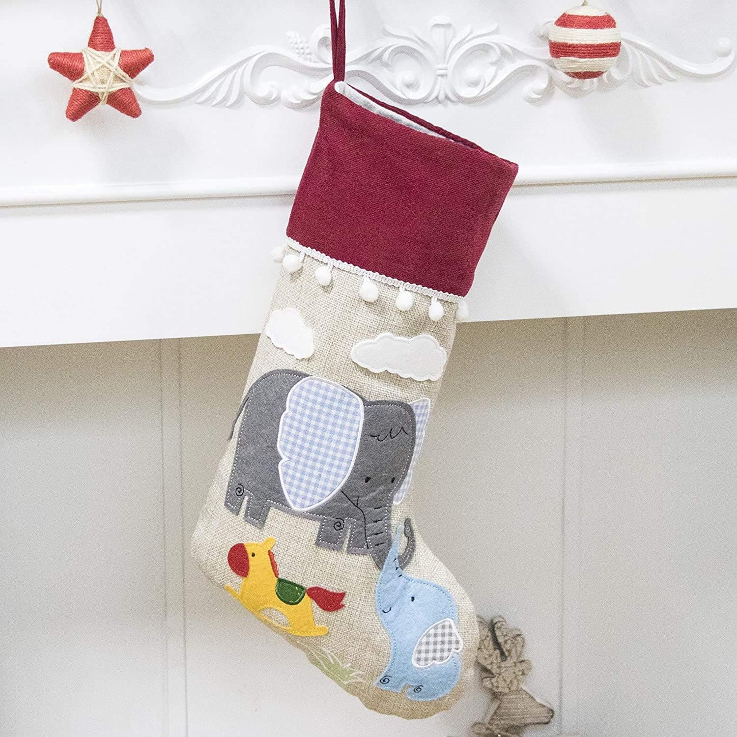 Beyond Your Thoughts New Burlap Christmas Stocking (Extra Large) Embroidered Linen Christmas Ornament Family Decorations (17.5 inch) -Cute Elephant