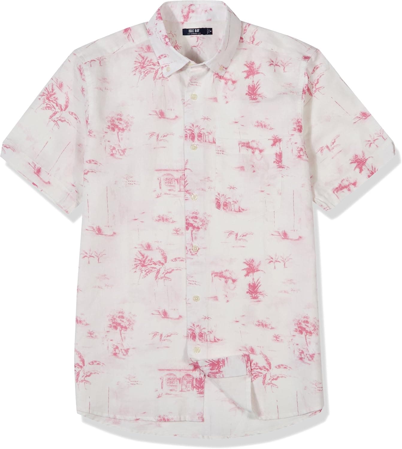 Isle Bay Linens Men's Standard Fit Short Sleeve Toile Vintage Printed Linen Cotton Casual Hawaiian Shirt XL Pink Rose