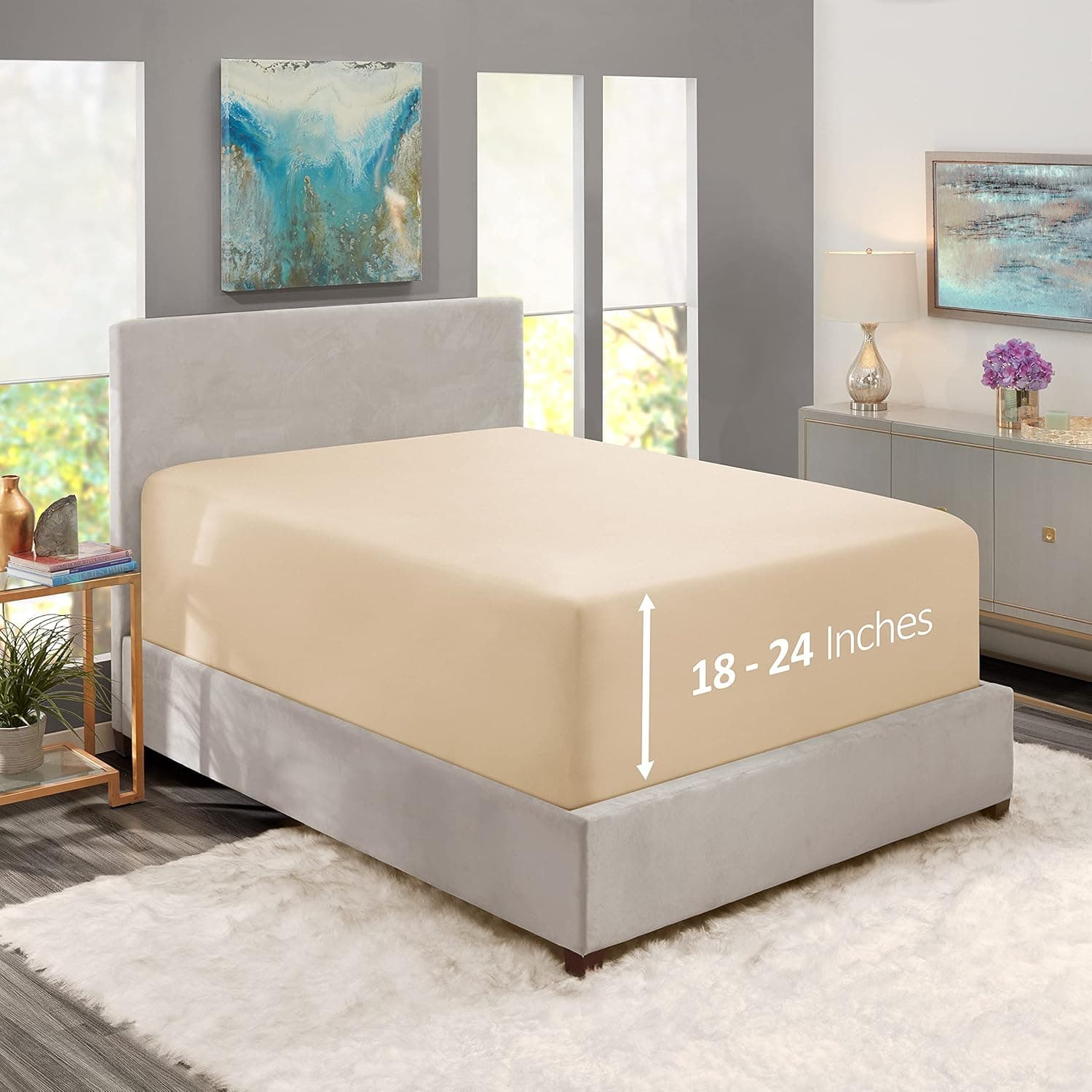 Nestl Beige California King Fitted Sheet, Extra Deep Pocket Cal King Fitted Sheet Only, 1800 Microfiber Fitted Bed Sheet, Ultra Soft Fitted Sheet California King Fits up to 24 Inch Mattress