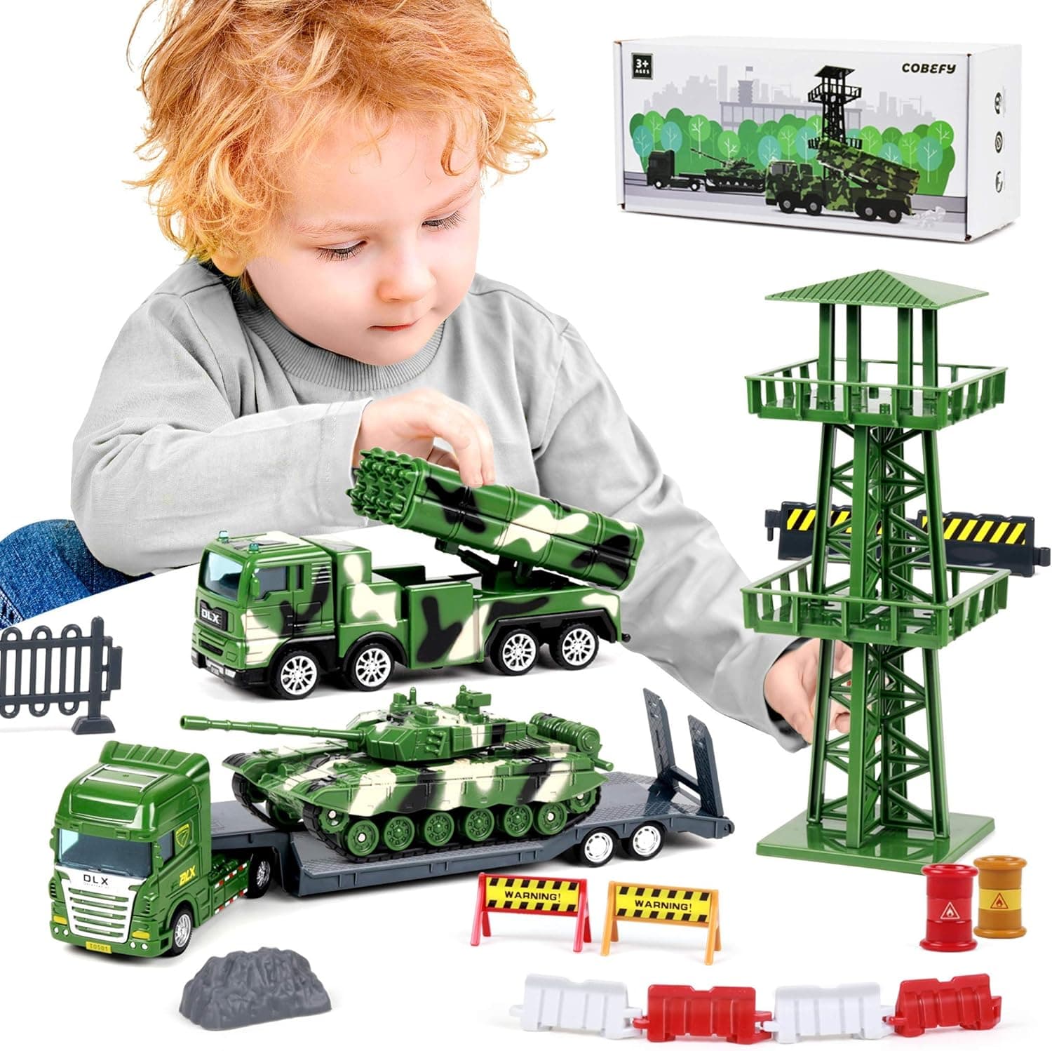 Military Vehicle Playset for Boys, Army Toys with Tank, Semi Flatbed Trailer, Missile Launcher Truck, Watchtower and Road Sign Accessories(40Pcs), Gift for Age 3 and up Kids Toddlers Children Present