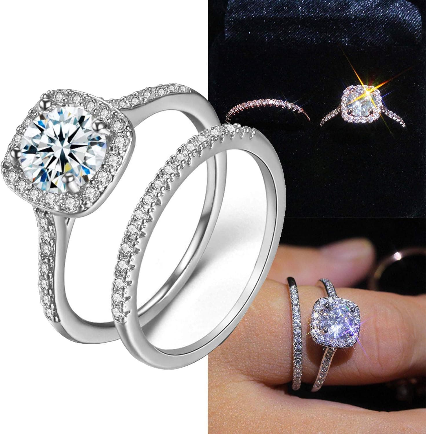 Fragarn 2Pcs Bohemian Engagement Rings,14K Gold Plated Sterling Silver Rings,Simulated Diamond Stackable Ring Eternity Bands for Women(Silver,9)