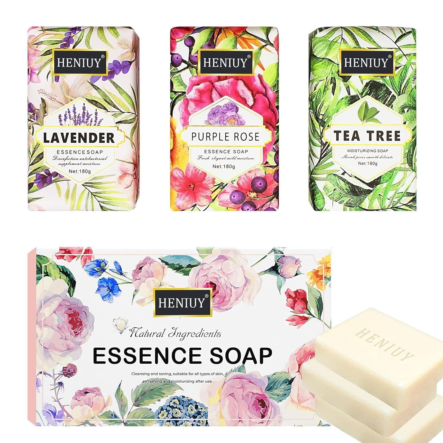 HENIUY Naturals 3 Piece Moisturizing Soap Bar. Body Soap with Natural Ingredients, Floral, Essential Oils, Vitamin E. Bath Soap for Dry Skin, 6.35oz Each