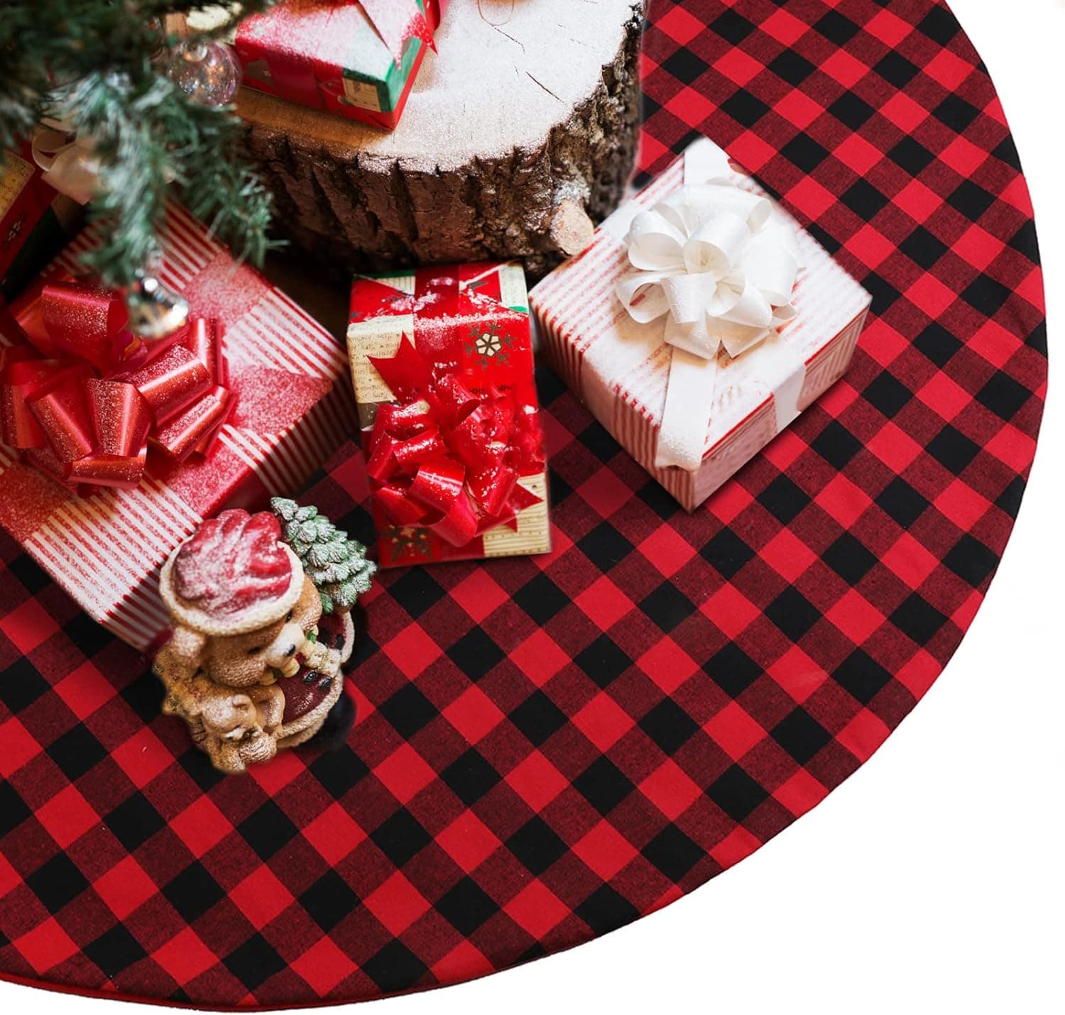 Jucoan Buffalo Plaid Christmas Tree Skirt, 48 Inch Large Red and Black Check Tree Skirt Xmas Ornaments for 2021 Christmas New Year Party House Decoration Supplies