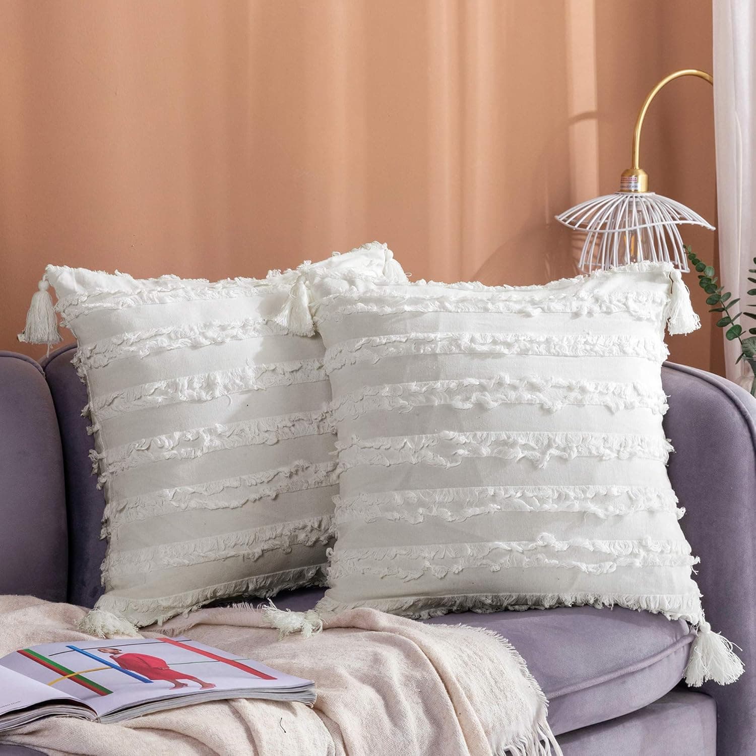 Longhui bedding Decorative Cotton Linen Ivory White Throw Pillow Covers with Tassels Fringe - 18x18 Inches Cushion Covers with Invisible Zipper for Couch, Sofa and Bedroom, Set of 2