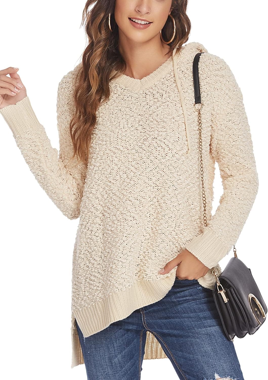 ELESOL Womens Sweaters V-Neck Long Sleeve Side Slit Sweatershirt with Drawstring Hood Casual Knit Pullover Sweater S-XXL
