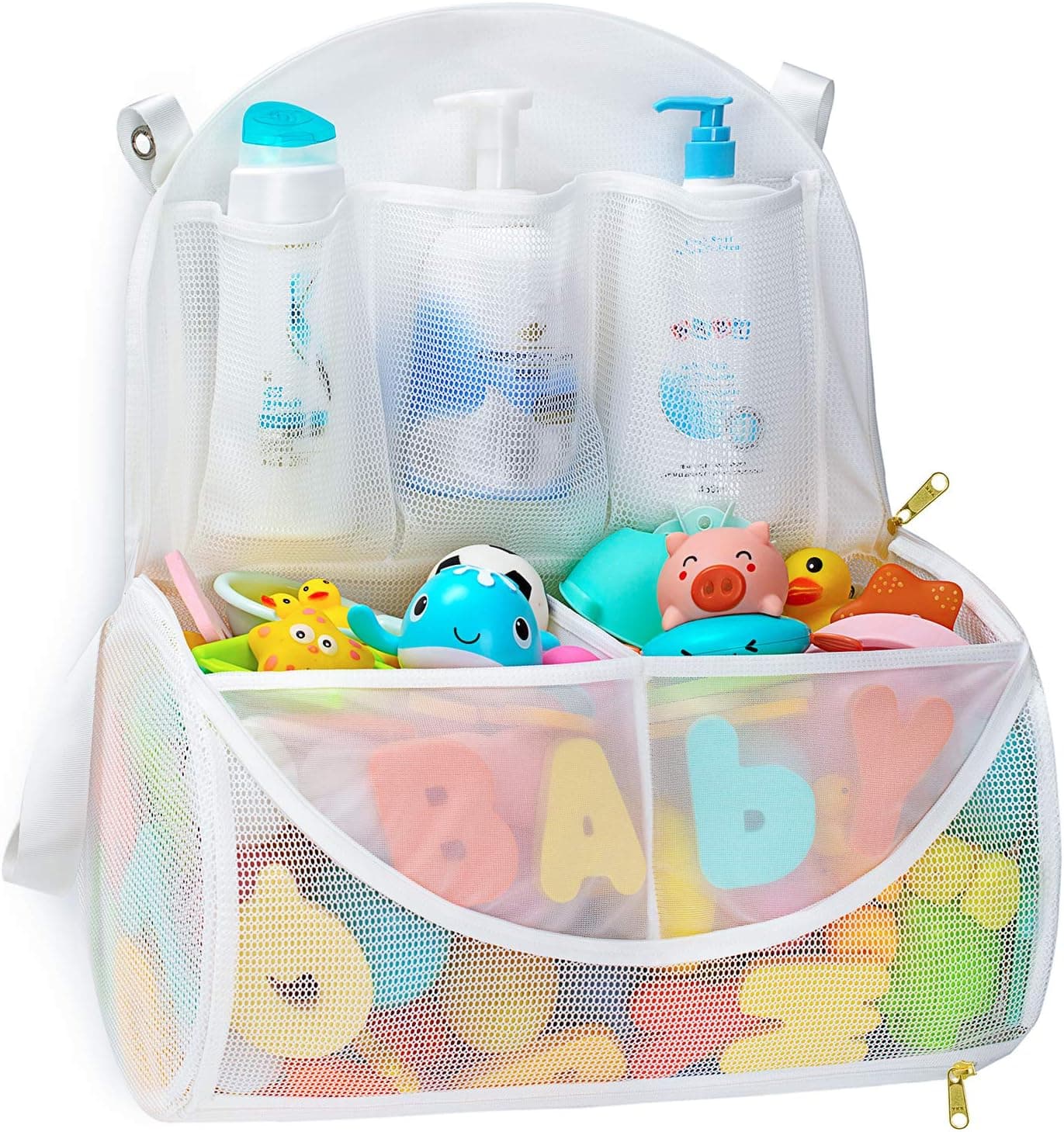 Mesh Bath Toy Organizer with YKK Zipper, Bathtub Toy Laundry Bag, Multiple Ways to Hang, Ultra Large Capacity & Large Opening, 4 Ultra Strong Hooks, Baby Bath Toys Storage Bag ( Large, White )