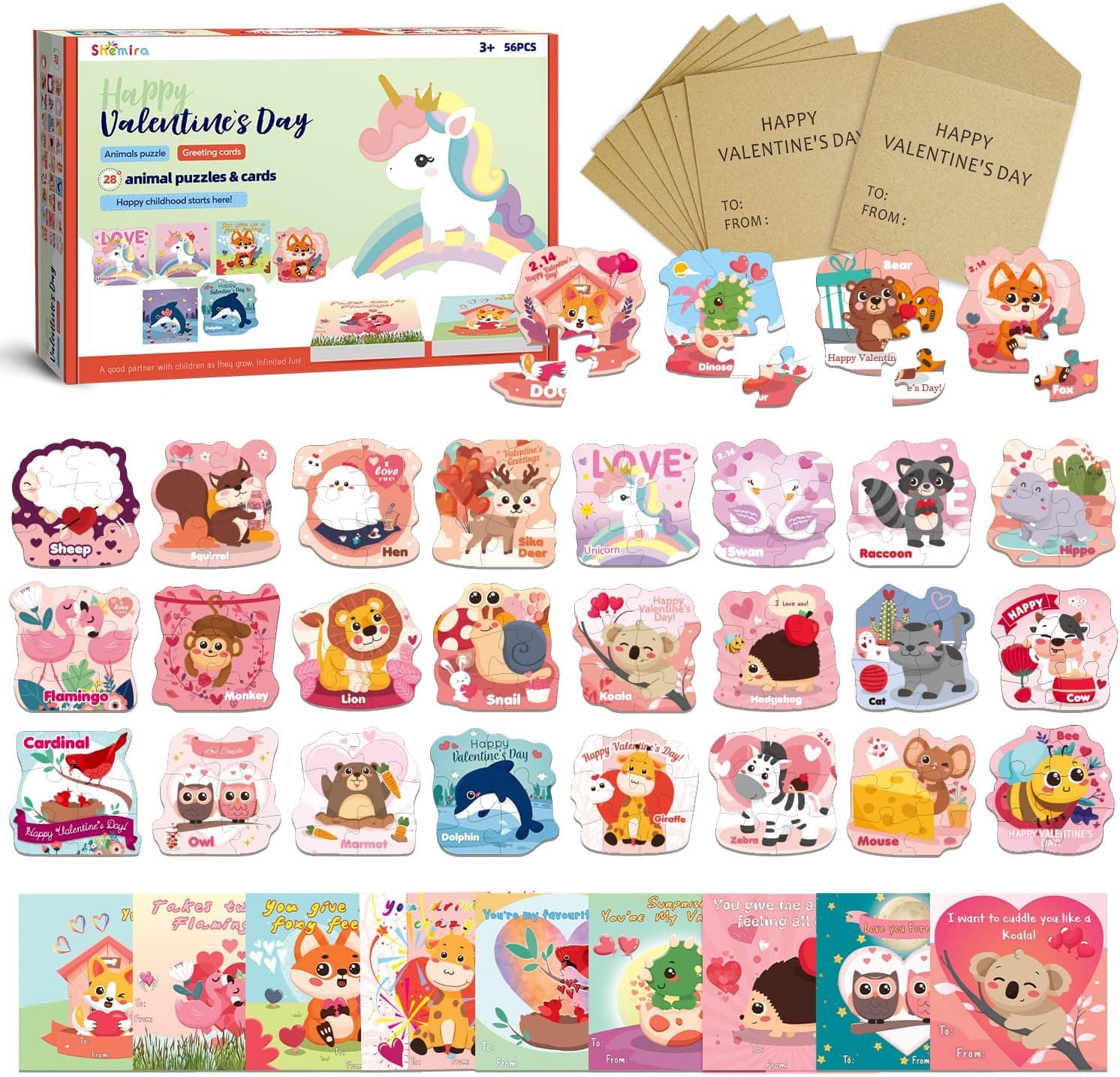 Valentines Day Cards for Kids-28 Pack Jigsaw Puzzles Cards Bulk for School Classroom Gift Exchange- Kids Valentines Day Gifts, Valentines Party Favors Supplies,6 Piece Each Puzzle,Animal Theme