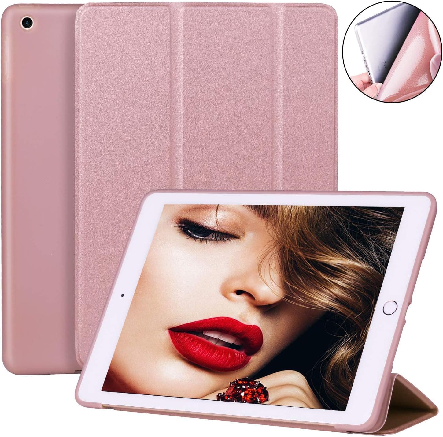 JASBON Case For iPad 2018/2017 9.7 Inch,Tablet Cover Ultra Slim Lightweight Soft TPU Smart Shell Magnetic Auto Wake/Sleep Shock Absorption Protector Trifold Skin for iPad 5th/6th Generation(Rose Gold)
