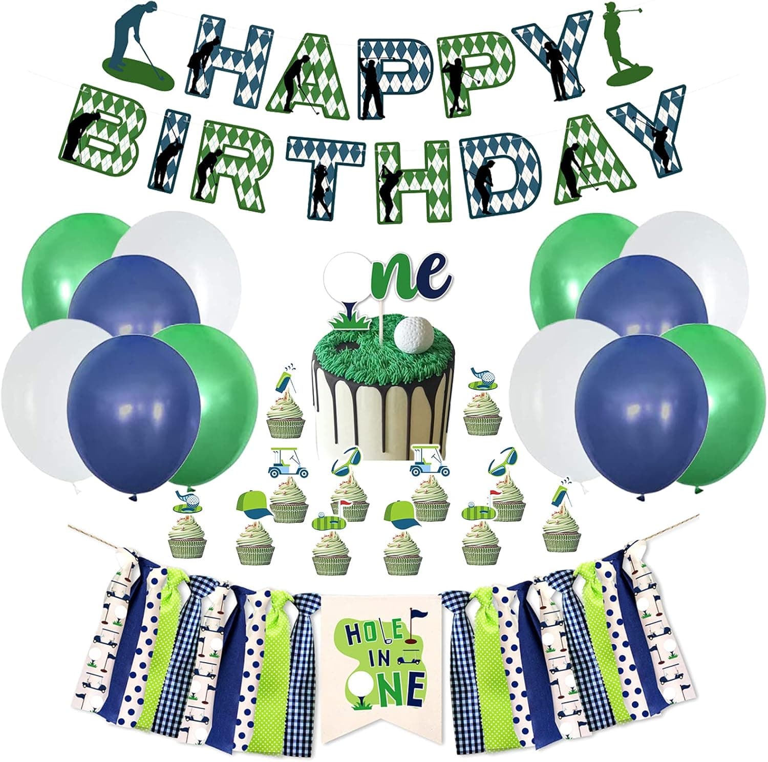 JOPARY Golf 1st Birthday Theme Party Decorations,Green Golfing Banner, High Chair Banner, one Golf Cake Topper ,Cupcake Toppers,Latex Balloons For Kids 1st Birthday Party,Outdoor Sports Party