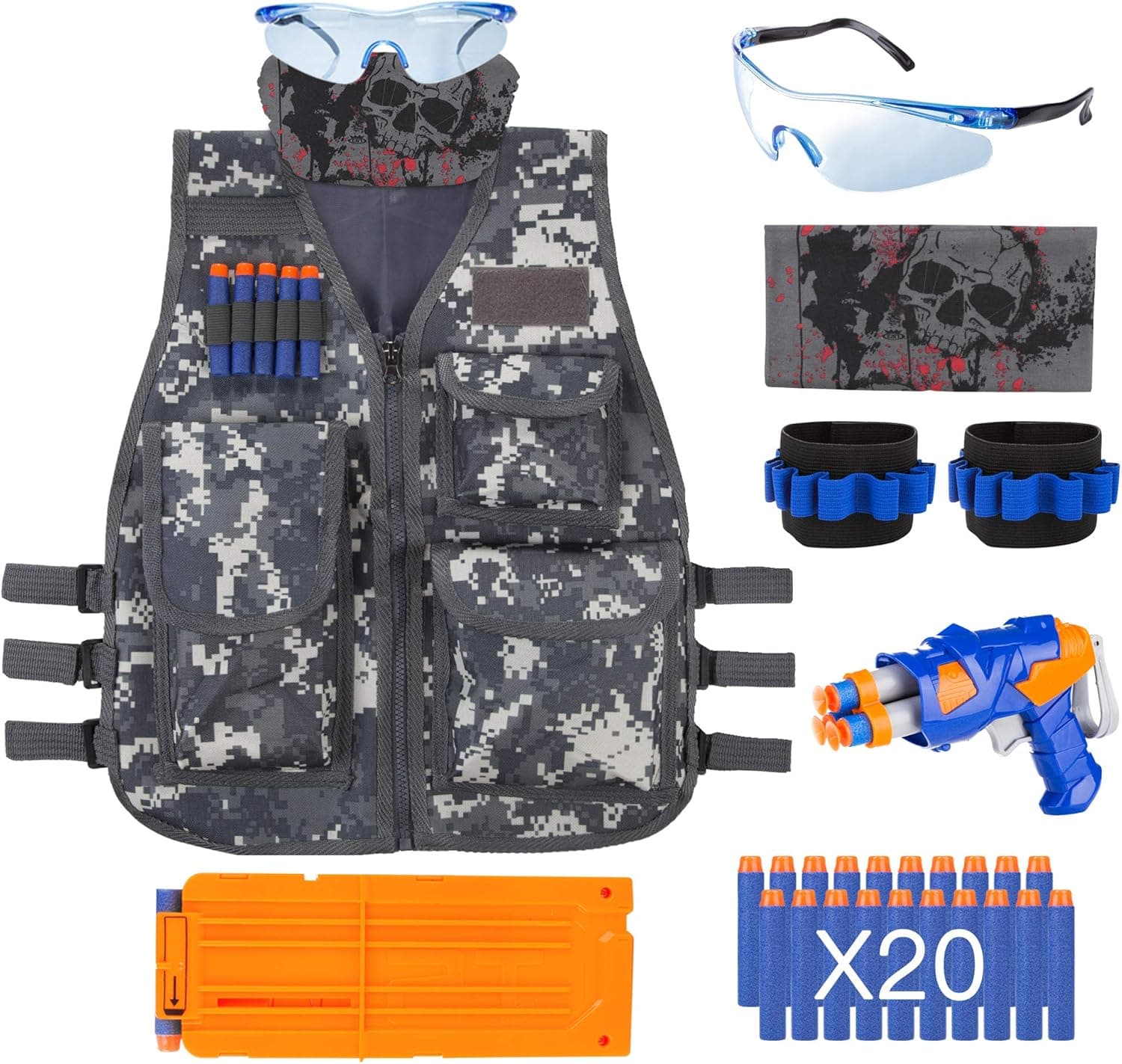 VOROSY XMS427 Woodland Camo Elite Tactical Vest Kit for Nerf N-Strike Elite Series,Bullet Clip 12-Dart Refill Pack,Seamless Skull face mask,