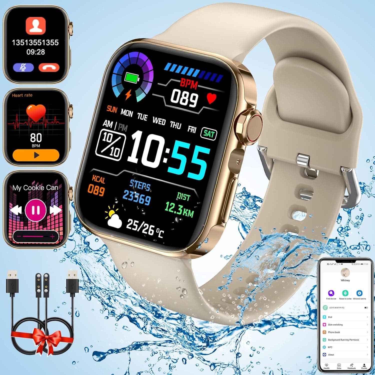 ZEQUK Smart Watch for Men Women, 2023 Newest 1.81" Touch Screen Fitness Tracker with Answer/Make Call Heart Rate Monitor, Bluetooth Smart Watches Waterproof Smartwatch for iOS Android,2 Cables Glod