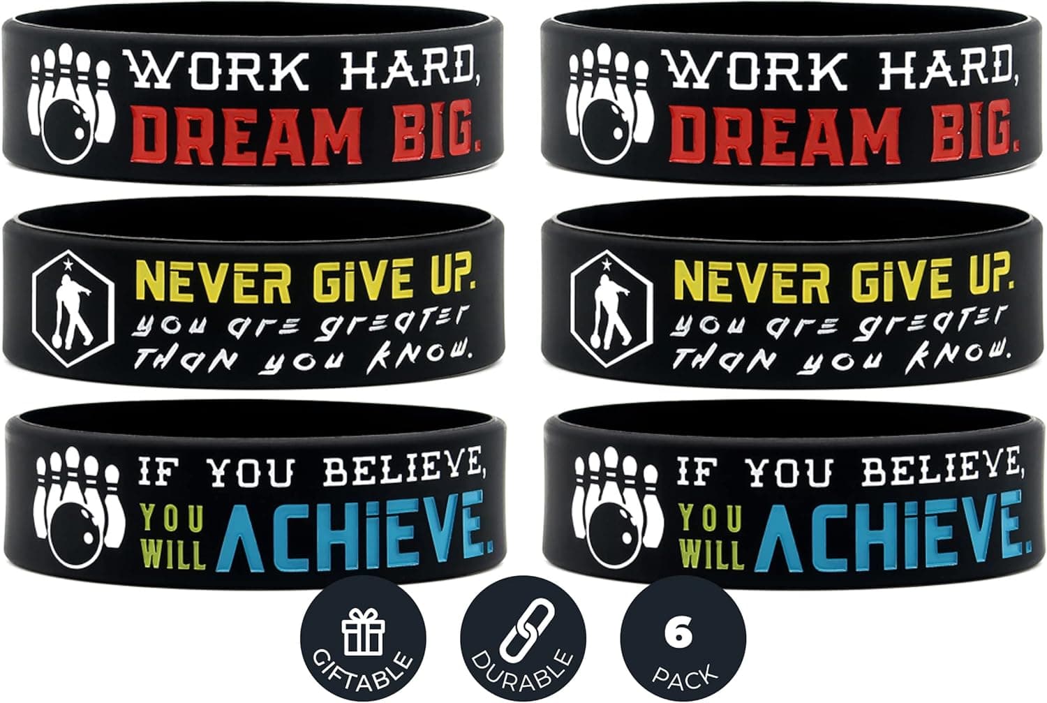 (6-Pack) Motivational Bowling Wristbands - Bowling Gifts Jewelry Accessories for Bowlers, Bowling Team Awards and Party Favors - Unisex for Men Women Youth Teen Girls Boys