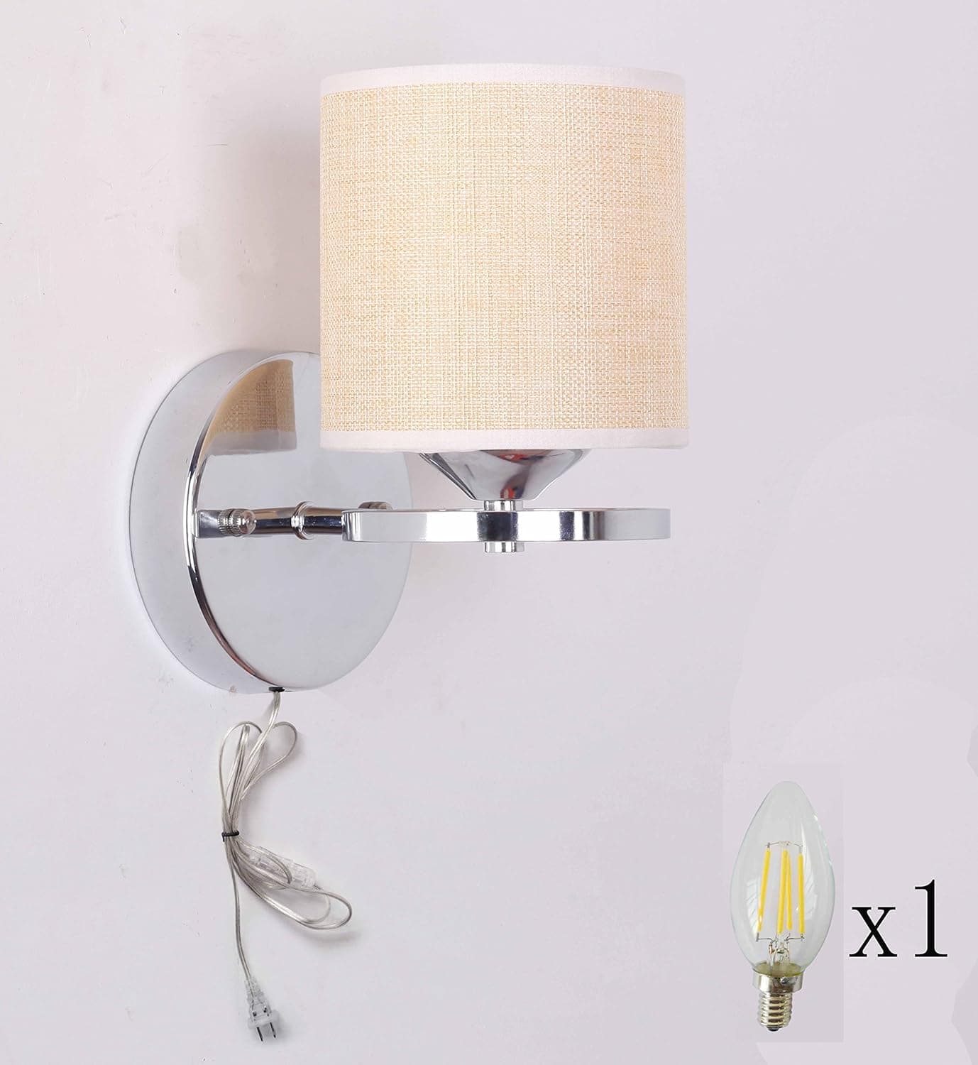 Wall Lamp, Nickel Plated with Fabric Shade, One 4W LED Bulb Included