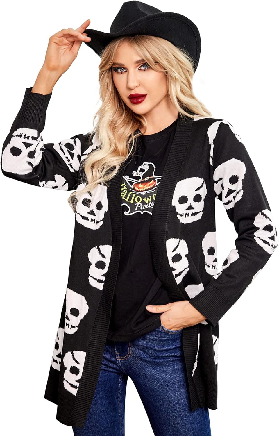 Hotouch Women's Halloween Skull Long Sleeve Sweater Lightweight Casual Cardigan (Charcoal M)