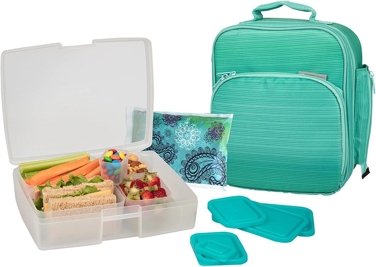 Bentology Lunch Bag and Box Set for Girls, 9 Pieces Total - Kids Insulated Lunchbox Tote, Bento Box, 5 Containers and Ice Pack - Turquoise