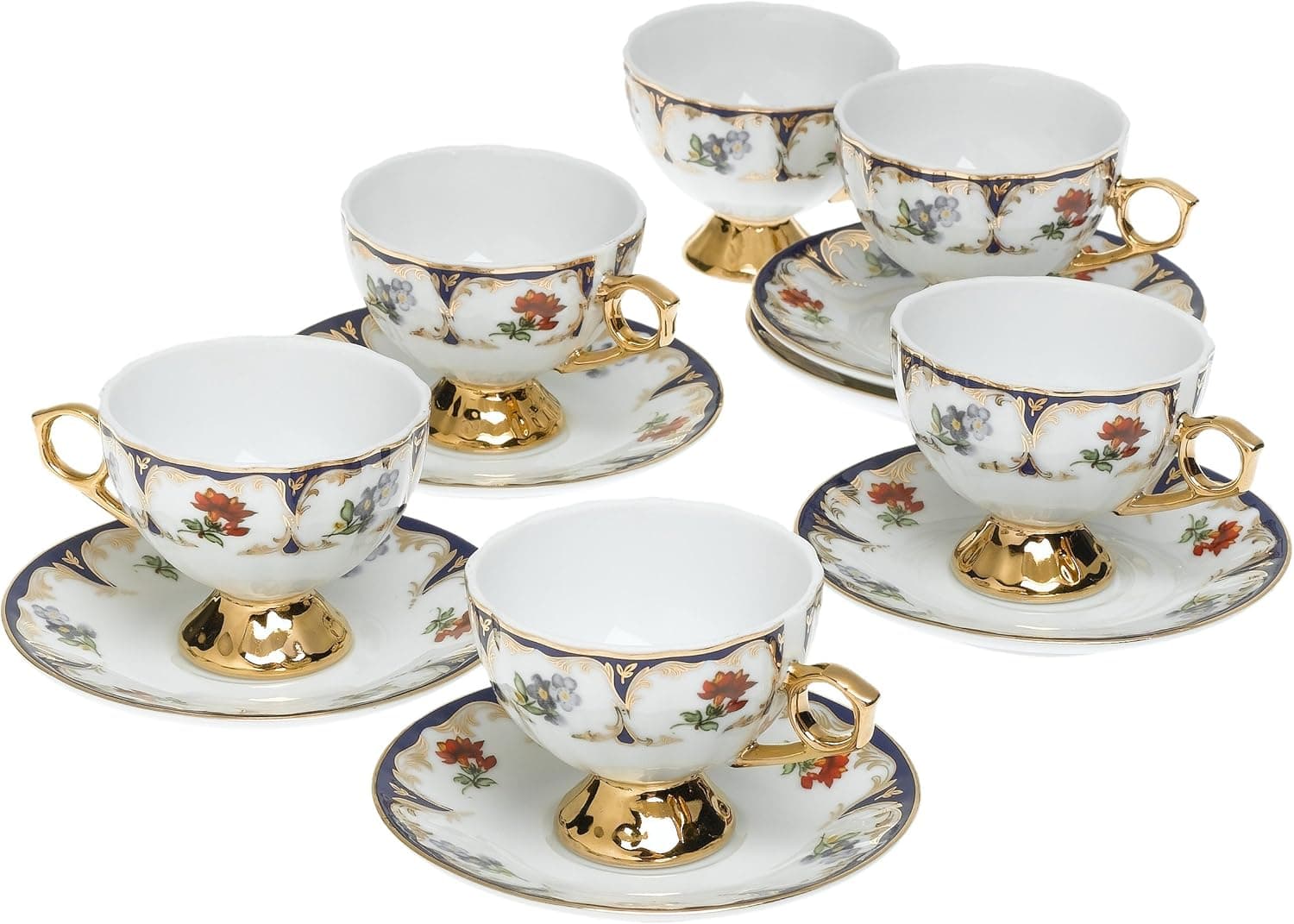 Yedi Houseware Classic Coffee and Tea Floral Espresso Cups and Saucers, Gold, Set of 6