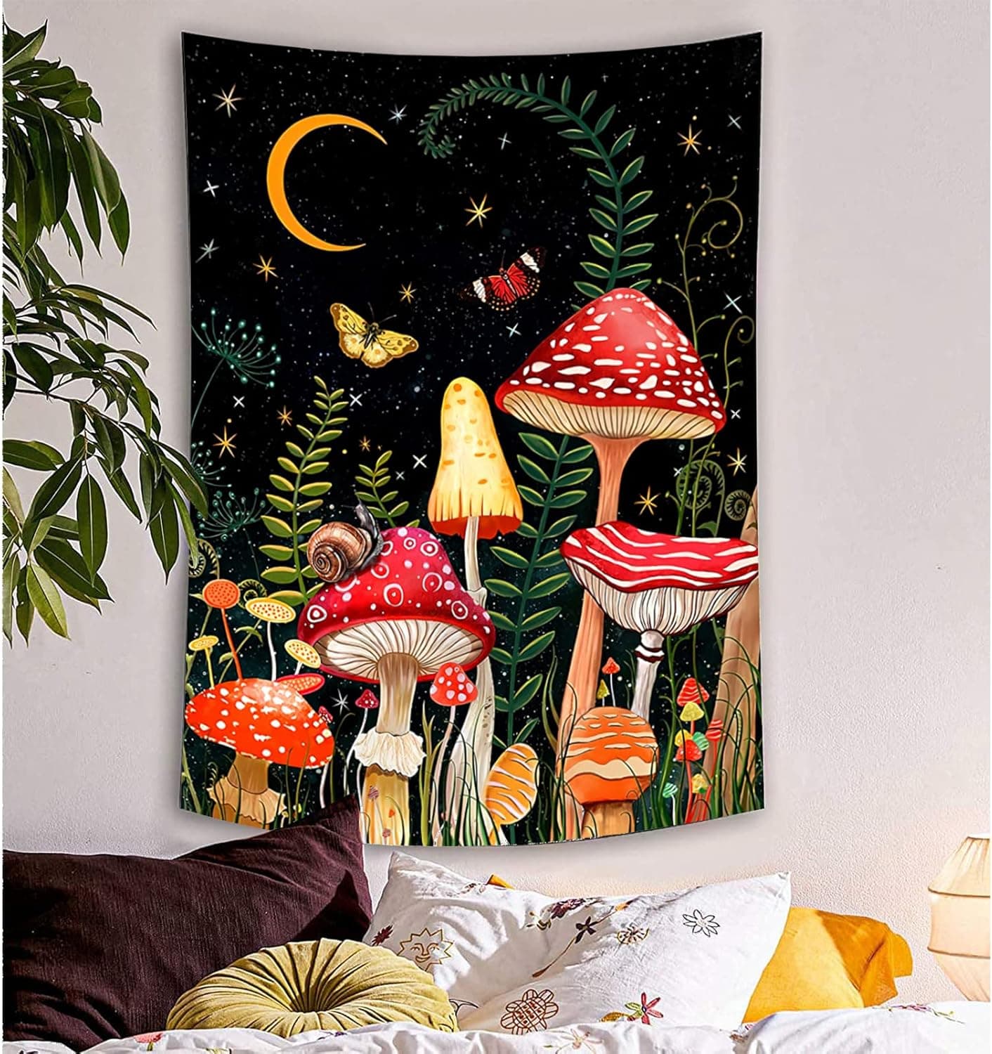 CLZFXS Mushroom Tapestry Moon and Star Tapestry Black Boho Vertical Tapestries Colorful Butterfly Aesthetic Tapestry Wall Hanging for Bedroom (36"×48"(90×120cm))